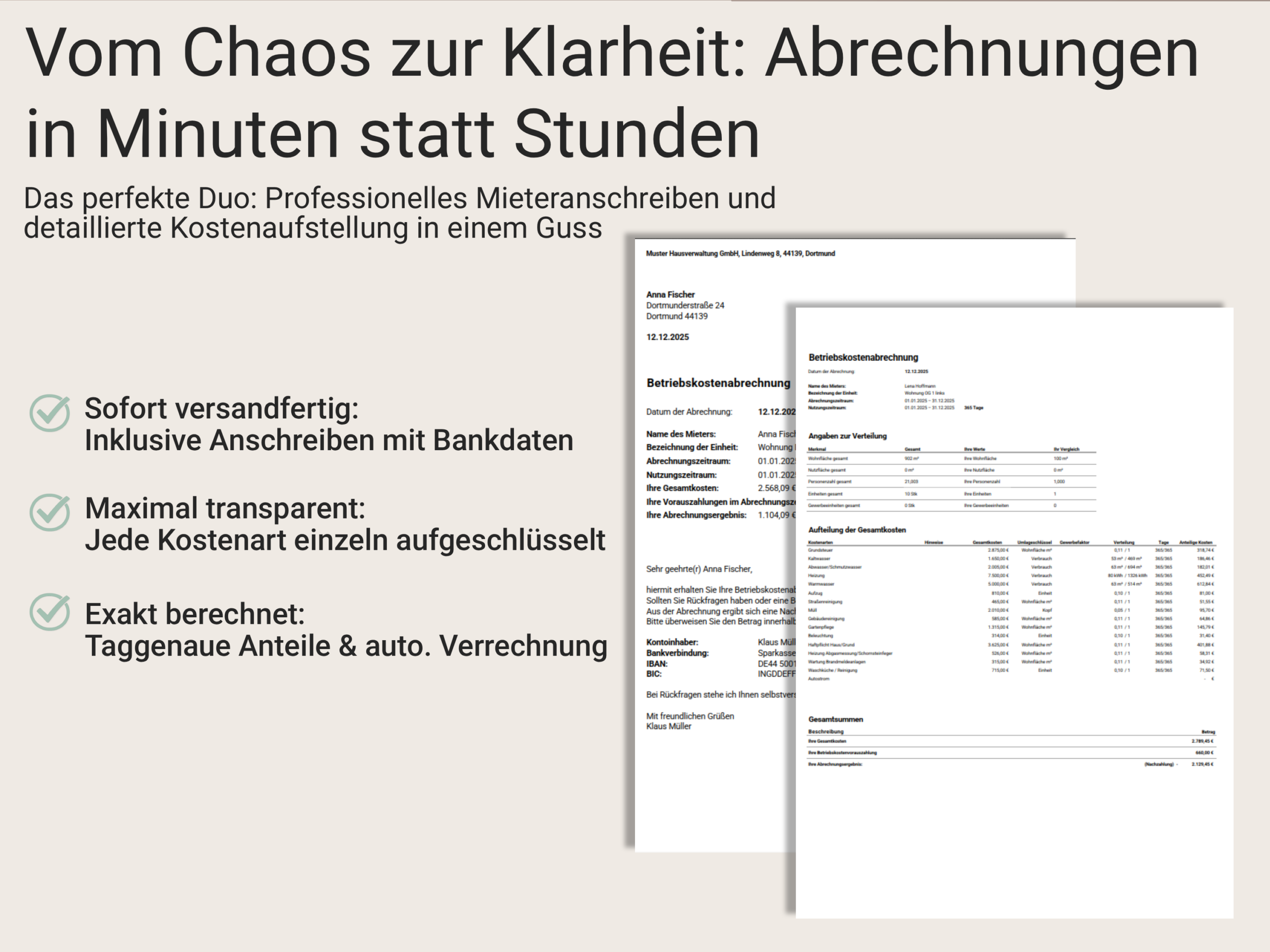 Fertige Betriebskostenabrechnung mit detaillierter Kostenaufstellung und automatisch erstelltem Mieteranschreiben