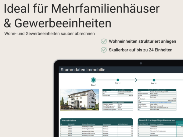 Eingabemaske für Immobiliendaten und strukturierte Anlage von Wohn- und Gewerbeeinheiten in Excel