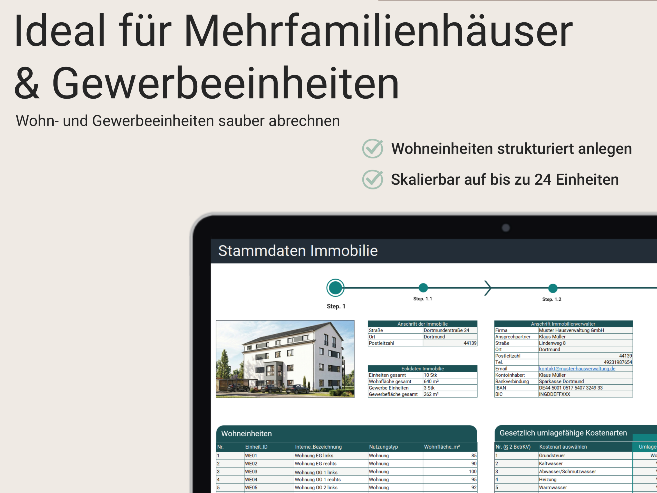 Eingabemaske für Immobiliendaten und strukturierte Anlage von Wohn- und Gewerbeeinheiten in Excel