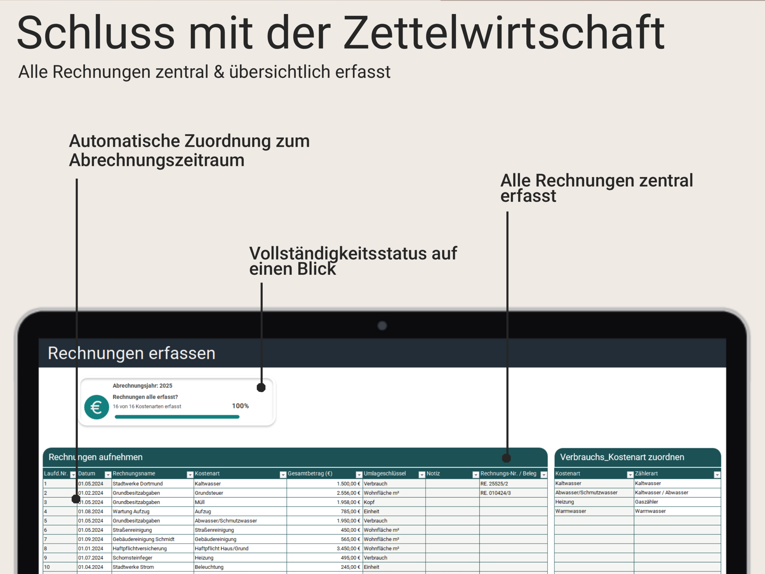 Zentrale Erfassung von Rechnungen und Nebenkosten mit automatischer Zuordnung zum Abrechnungszeitraum