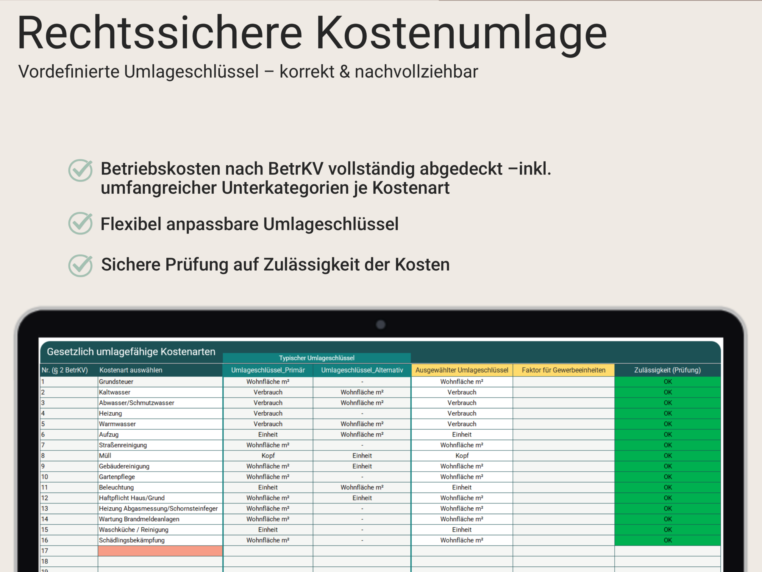 Übersicht der umlagefähigen Betriebskosten nach BetrKV mit vordefinierten und anpassbaren Umlageschlüsseln