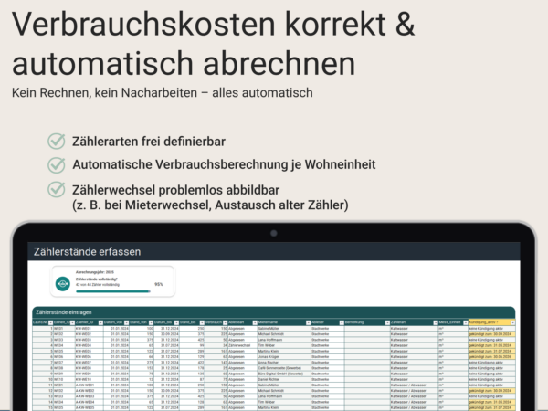 Erfassung von Zählerständen und automatische Verbrauchsabrechnung pro Wohneinheit in Excel