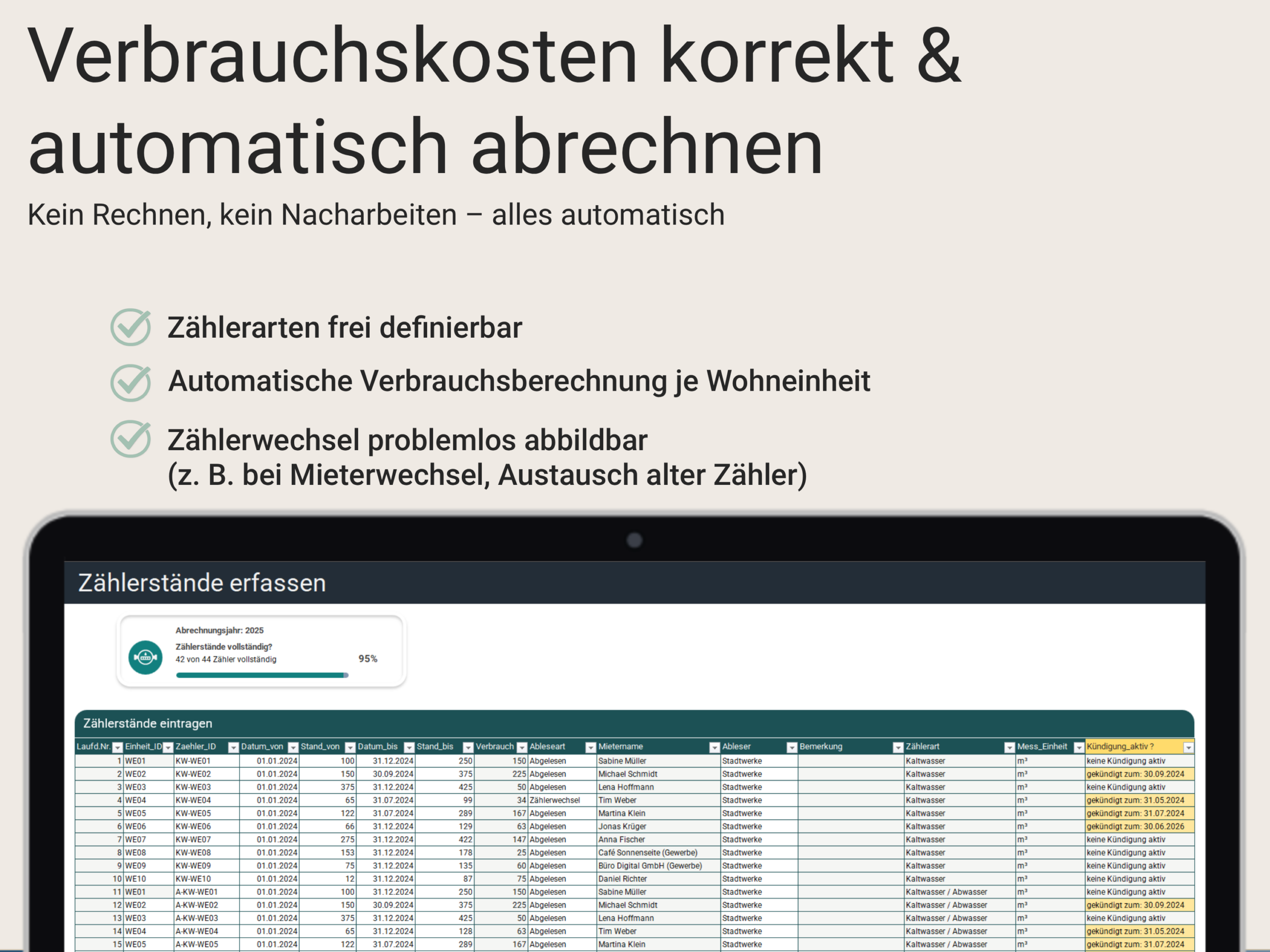 Erfassung von Zählerständen und automatische Verbrauchsabrechnung pro Wohneinheit in Excel