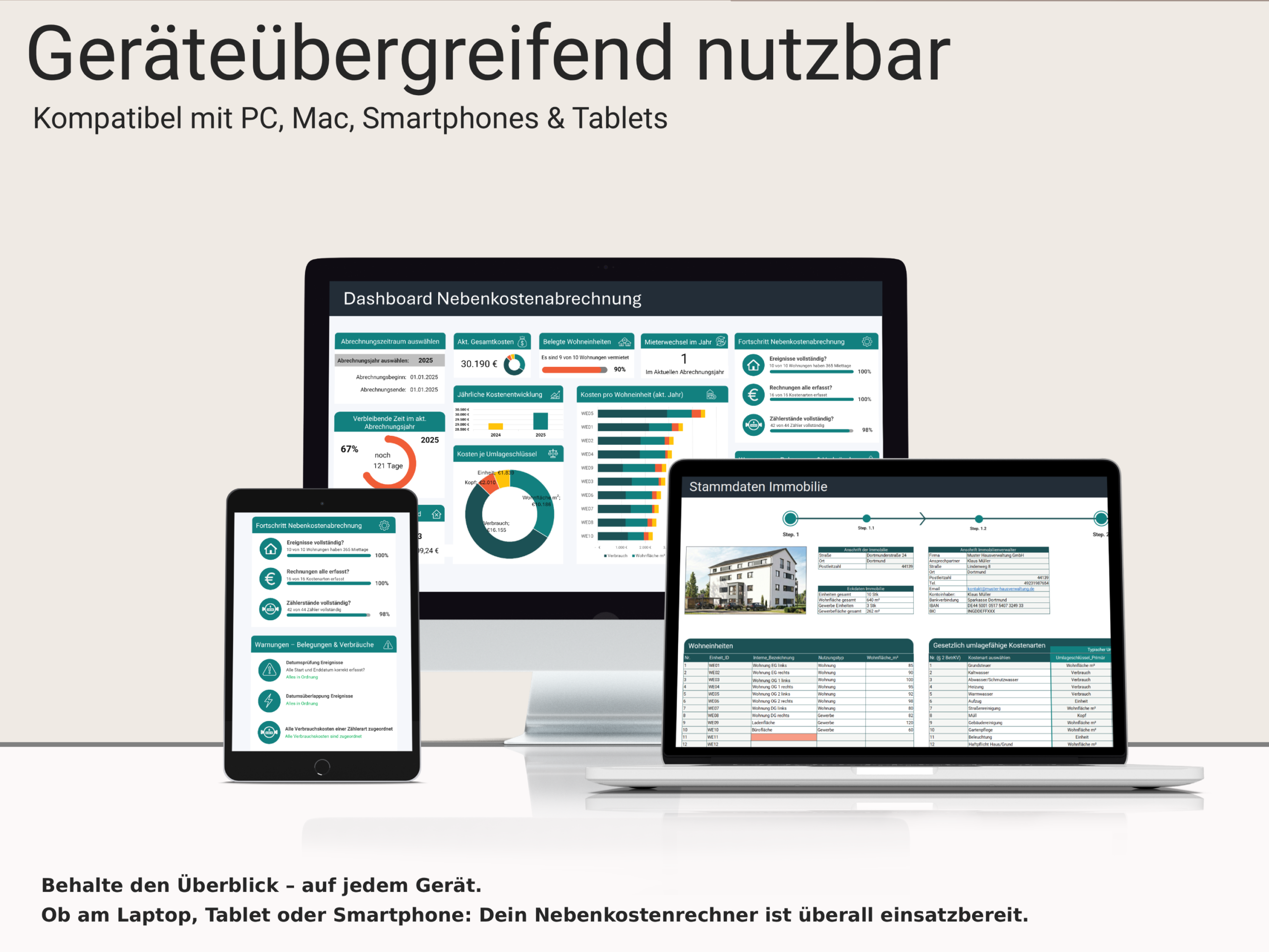 Nutzung der Excel-Nebenkostenabrechnung auf PC, Tablet und Smartphone mit identischer Datenbasis