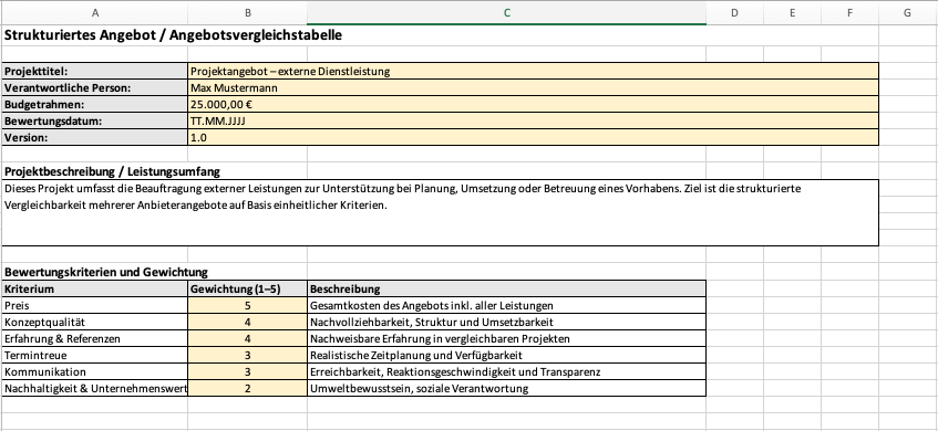 Angebotsvergleich Excel-Tabelle, mit Ansicht der Bewertungskriterien und deren Gewichtung.