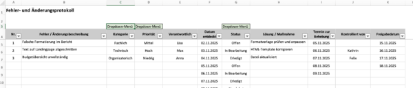 Projekt Fehler- und Änderungsprotokoll Excel mit Statusübersicht und Terminverfolgung