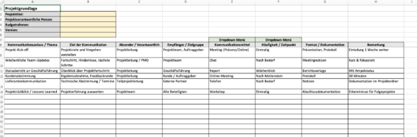 Kommunikationsplan Projekt Excel mit Übersicht zu Kommunikationsanlässen, Zielgruppen und Medien