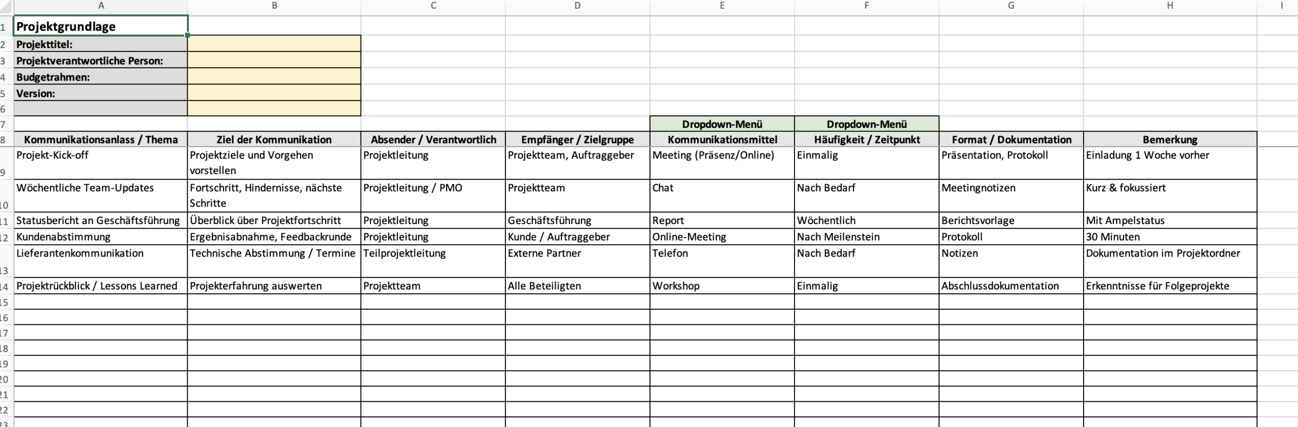 Kommunikationsplan Projekt Excel mit Übersicht zu Kommunikationsanlässen, Zielgruppen und Medien