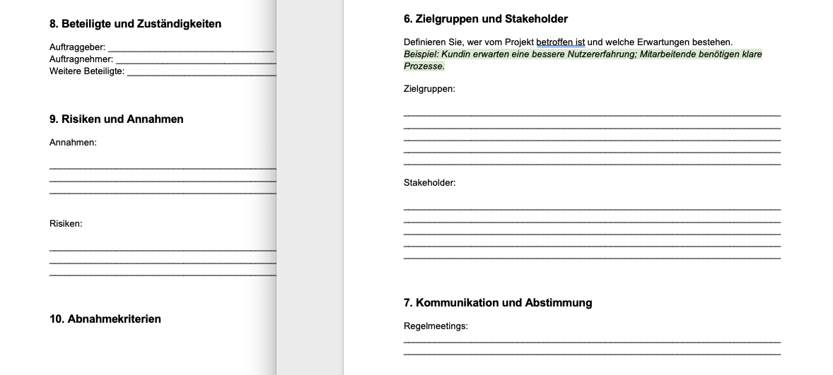 Lastenkatalog und Projektbriefing Ansicht von Beteiligten und Zuständigkeiten, Zielgruppen und Stakeholder.