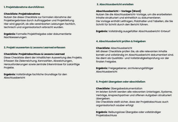 Projektabschluss Anleitung mit Checklisten für Abnahme, Lessons Learned, Abschlussbericht und Übergabe