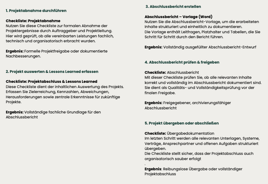 Projektabschluss Anleitung mit Checklisten für Abnahme, Lessons Learned, Abschlussbericht und Übergabe