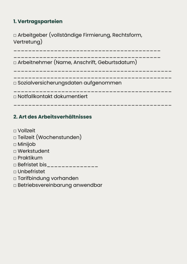 Checkliste Arbeitsvertrag