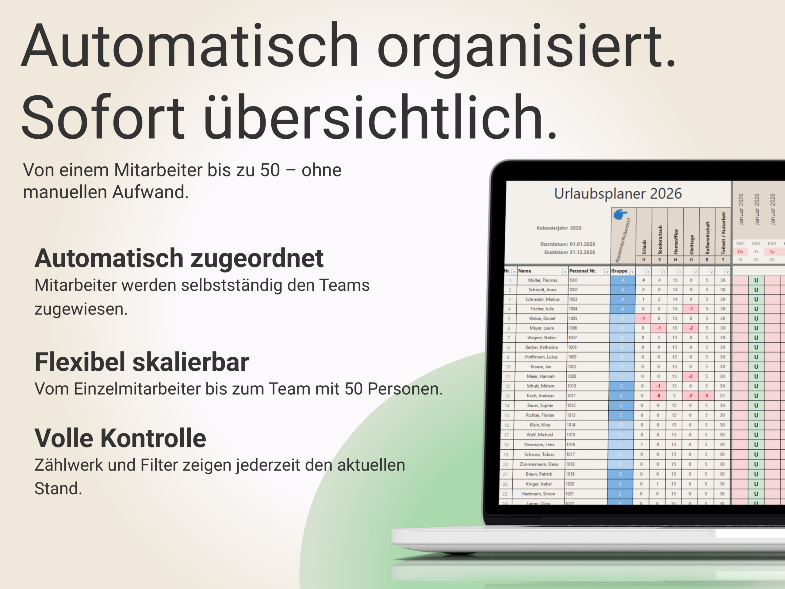 Automatischer Urlaubsplaner für Teams bis 50 Mitarbeiter mit einfacher und übersichtlicher Planung