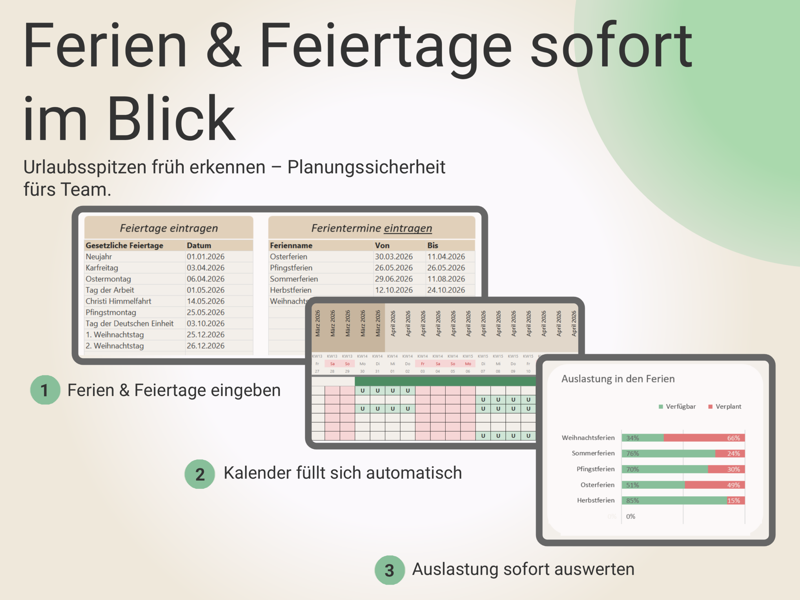 Urlaubsplaner mit automatischer Berücksichtigung von Feiertagen und Ferien im Kalender