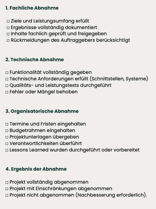 Checkliste Projektabnahme zur fachlichen, technischen und organisatorischen Abnahme im Projektabschluss