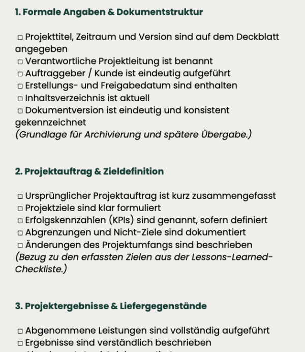 Checkliste Abschlussbericht zur strukturierten Erstellung und Prüfung im Projektabschluss
