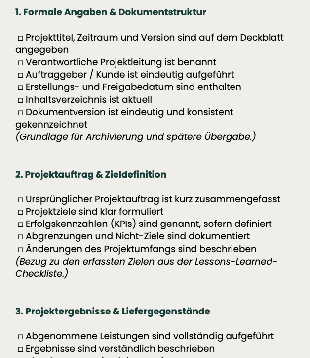 Checkliste Abschlussbericht zur strukturierten Erstellung und Prüfung im Projektabschluss