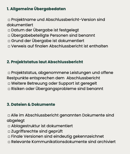Checkliste Übergabedokument für vollständige und strukturierte Projektübergabe nach Projektabschluss