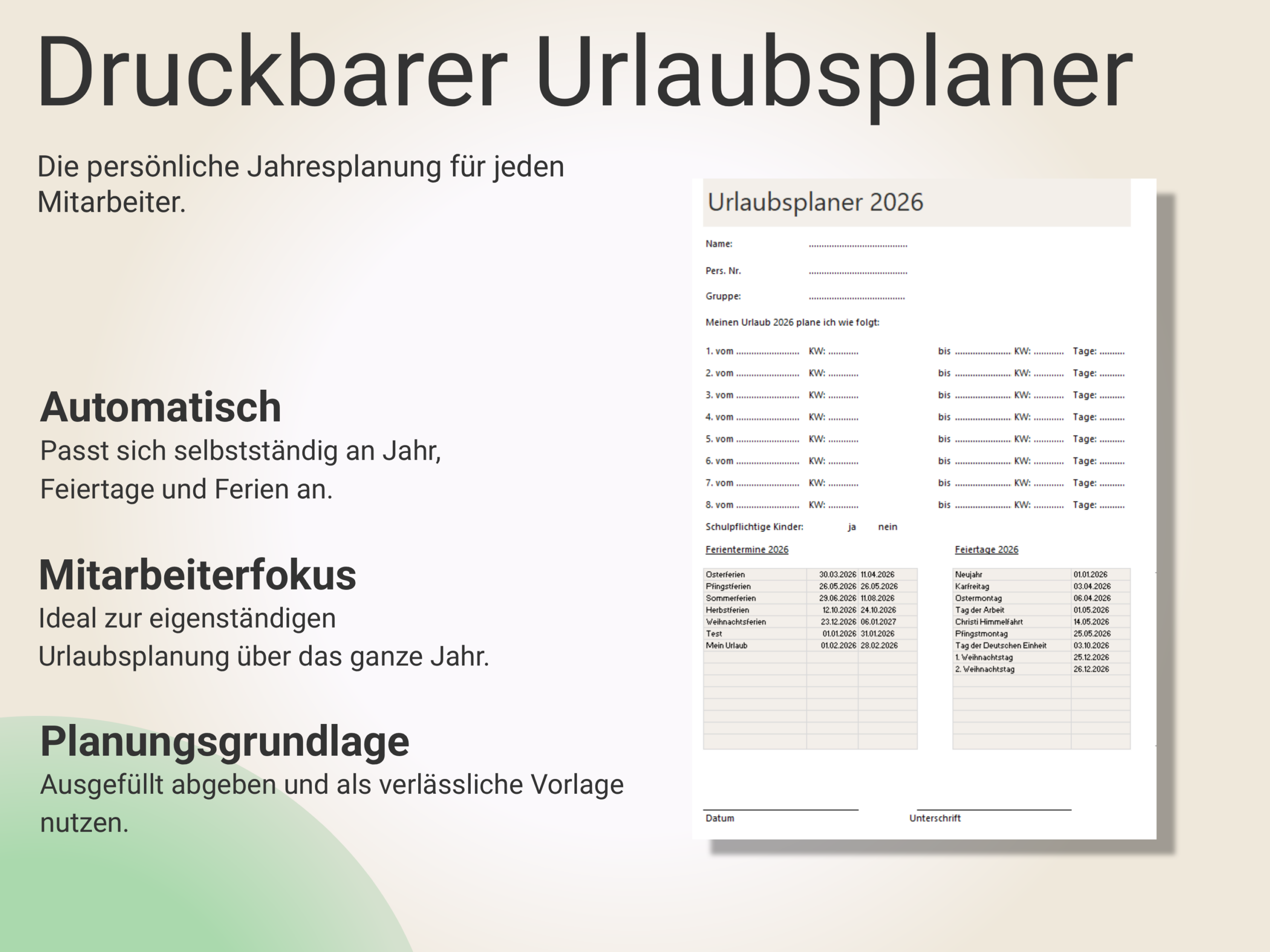 Druckbarer Urlaubsplaner für Mitarbeiter zur persönlichen Jahresplanung und Abstimmung