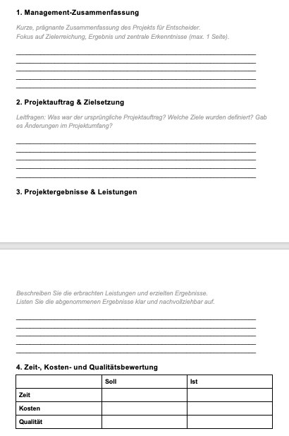 Abschlussbericht Vorlage mit Management Summary, Projektergebnissen und KPI-Auswertung im Projektabschluss