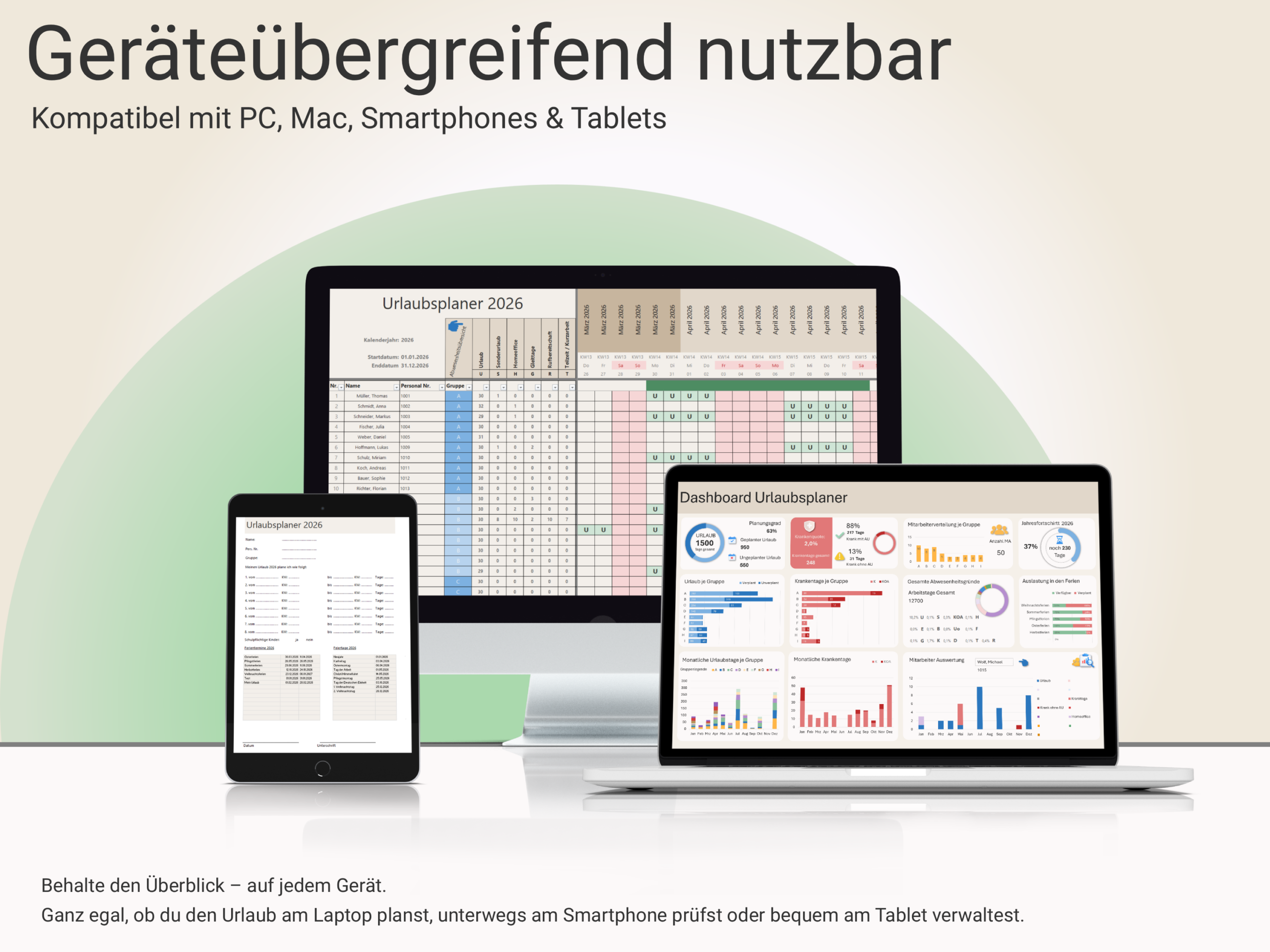 Urlaubsplaner kompatibel mit Excel und Google Sheets auf PC, Mac, Tablet und Smartphone