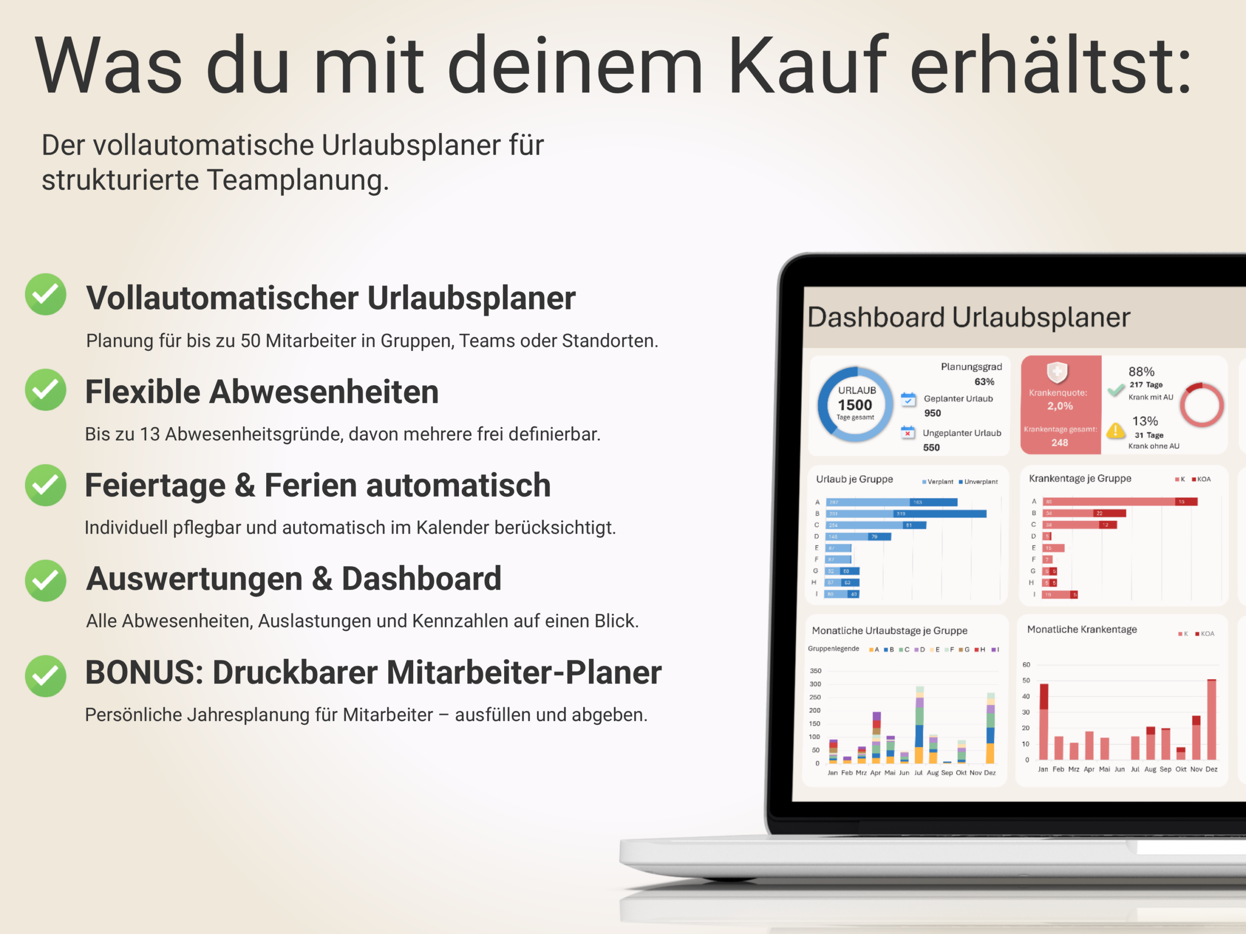 Leistungsumfang des Urlaubsplaners mit Dashboard, automatischen Berechnungen und flexiblen Abwesenheiten
