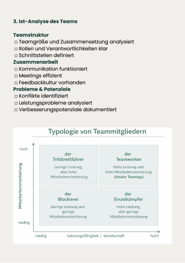 Teamentwicklung Checkliste – Ist-Analyse, Teamstruktur und Matrix zur Typologie von Teammitgliedern.