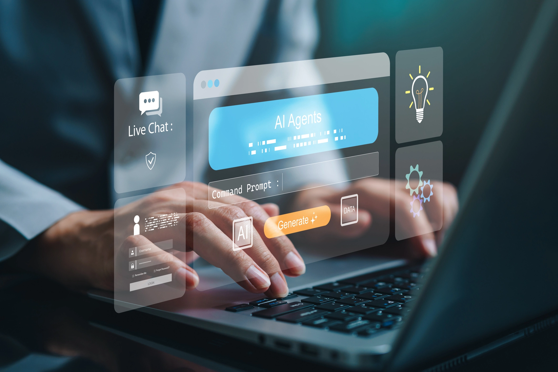 E-Commerce Einstieg: Person arbeitet am Laptop mit KI-Interface, Chat, Prompts und Automatisierung für digitale Geschäftsprozesse.