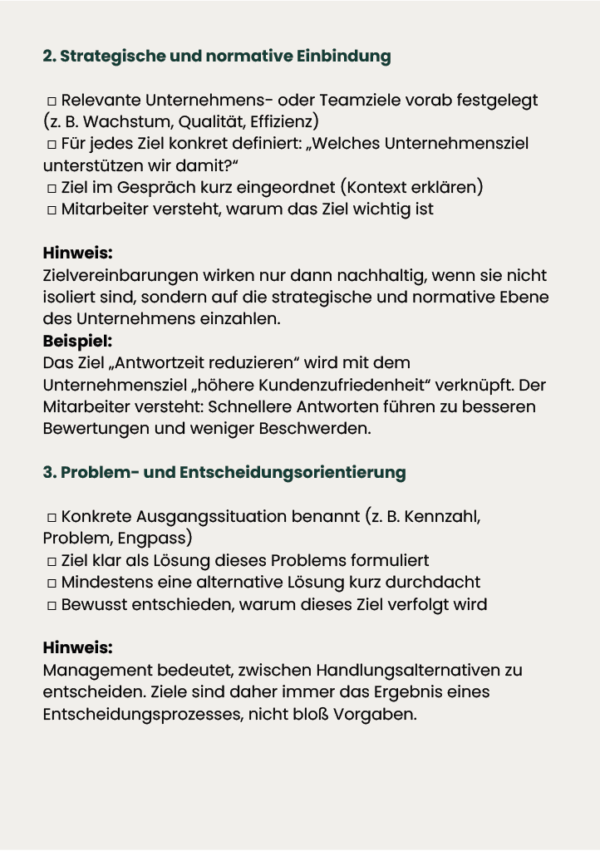 Checkliste Zielvereinbarungen mit strategischer Einbindung, Problemorientierung und konkreten Zielkriterien