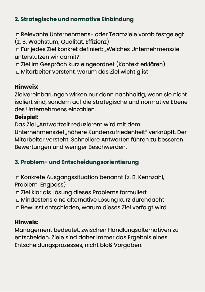 Checkliste Zielvereinbarungen mit strategischer Einbindung, Problemorientierung und konkreten Zielkriterien