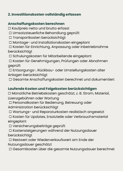 Checkliste Investition und Finanzierungsrechnung