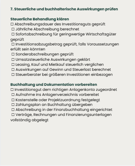 Checkliste Investition und Finanzierungsrechnung